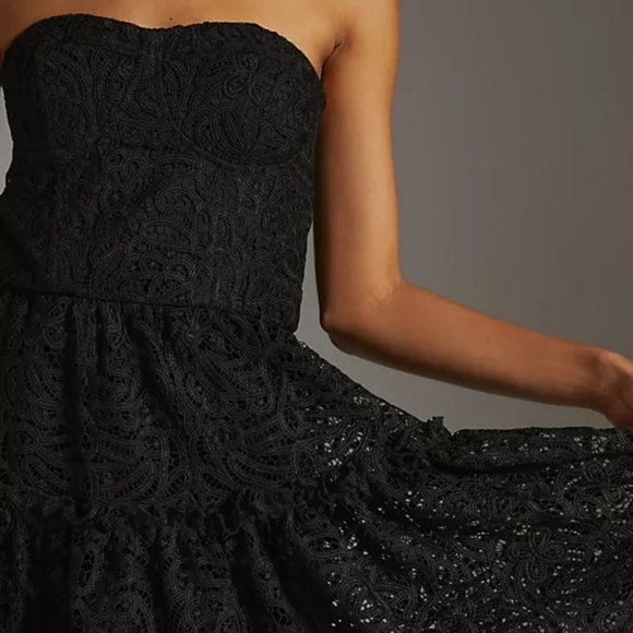 Anthropologie Eva Franco Floral Lace Strapless Mini Prom Black Cocktail Dress - Picture 3 of 5